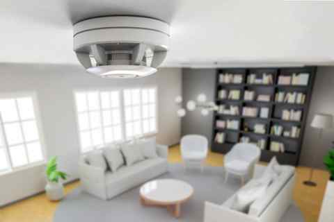 Helles Wohnzimmer mit Sofa, Sessel und großem Bücherregal, viel Tageslicht.